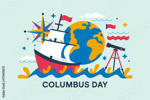 Columbus Day Celebration with Sailing Ship Globe Compass and Telescope Illustrating Exploration and Discovery Across the Ocean Waters