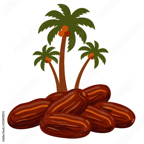 A pile of ripe brown dates with three date palm trees in a flat vector illustration style.