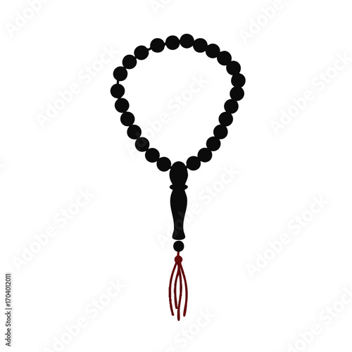 A simple black silhouette of Islamic prayer beads, or tasbih, with a red-brown tassel.