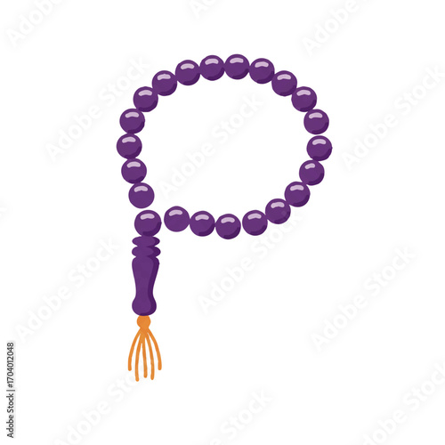 A string of glossy purple Tasbih prayer beads with an ornate imam bead and tassel.