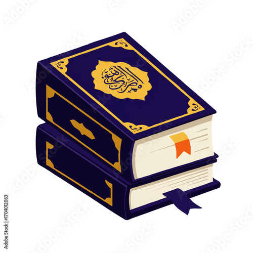 A stack of two Holy Quran books with ornate blue covers, gold Arabic calligraphy, and bookmarks.
