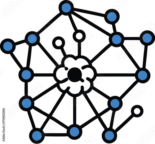 An interconnected web of glowing spheres and molecules illustrates the intricate social network connection of people and businesses in a 3D digital world