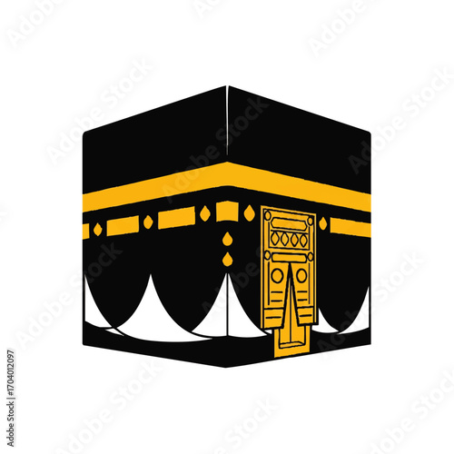 A stylized graphic illustration of the Holy Kaaba, the black cube building in Mecca with golden ornamentation and door.