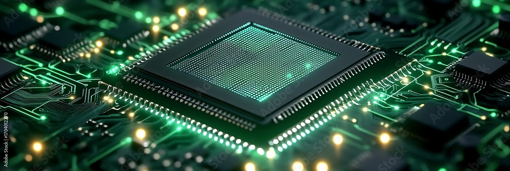 Obraz premium Futuristic Green Glowing Microchip on Circuit Board Representing Digital Data Processing and Technology