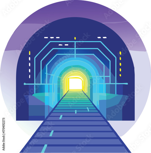 Abstract 3D illustration of an open light tunnel interior, a corridor design with a glowing exit door at the end