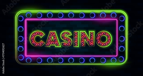 Neon sign for casino night. Dice, roulette, playing cards, and glowing text on the brick wall.