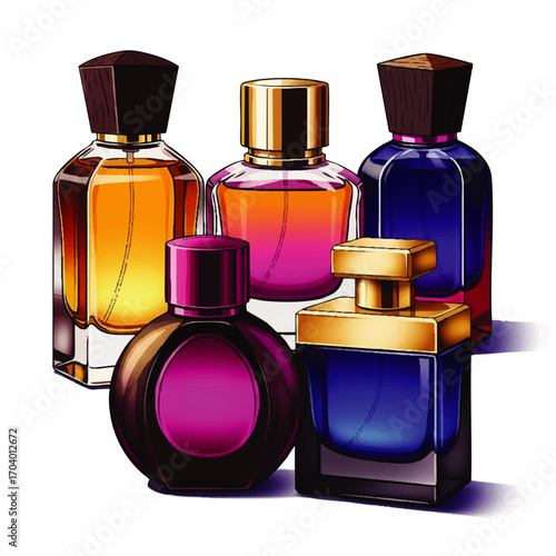 A vibrant collection of illustrated perfume bottles in various shapes with gold and wood caps.