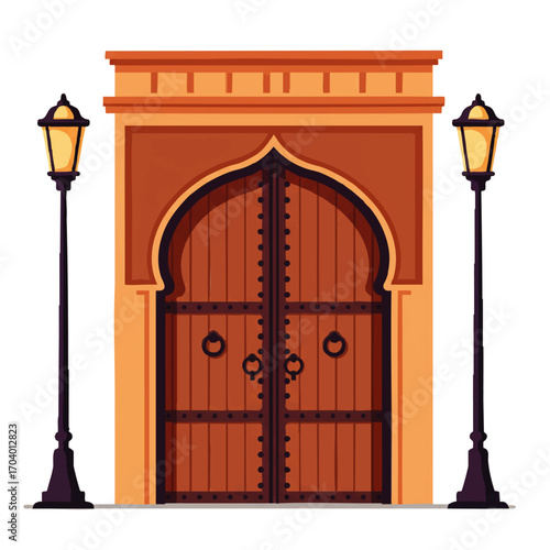 Ornate Arabic wooden door with a horseshoe arch and two vintage street lamps.