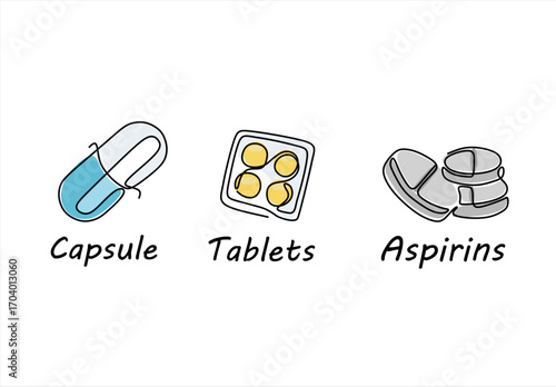 Pharmaceutical  Capsule Tablets and Aspirins Medical Illustration. line icon-continuous line drawing. Editable stroke. 