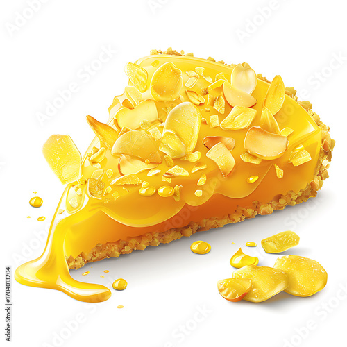 A slice of golden custard tart with almond flakes and flowing custard sauce