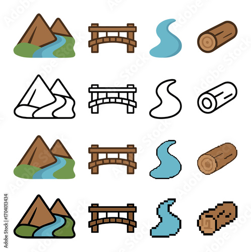 Pixel art urban icons: buildings, cars, drones in simple blue and orange design
