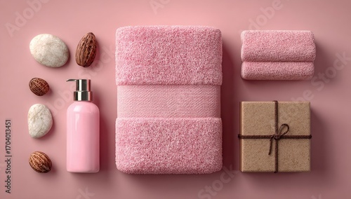 Pink spa set on a pink background.  Towels, lotion, stones, gift