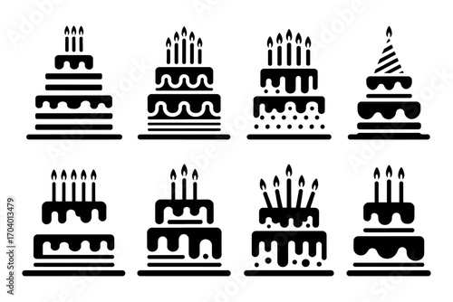 Various elegant and delectable cakes silhouette with lit candles