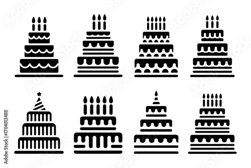 Various elegant and delectable cakes silhouette with lit candles