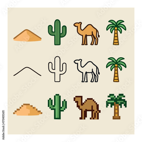 Futuristic icons of drone, space dome, tower, and wave in pixel art style