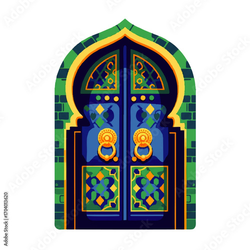 Ornate blue Moroccan arched door with golden knockers and geometric patterns.