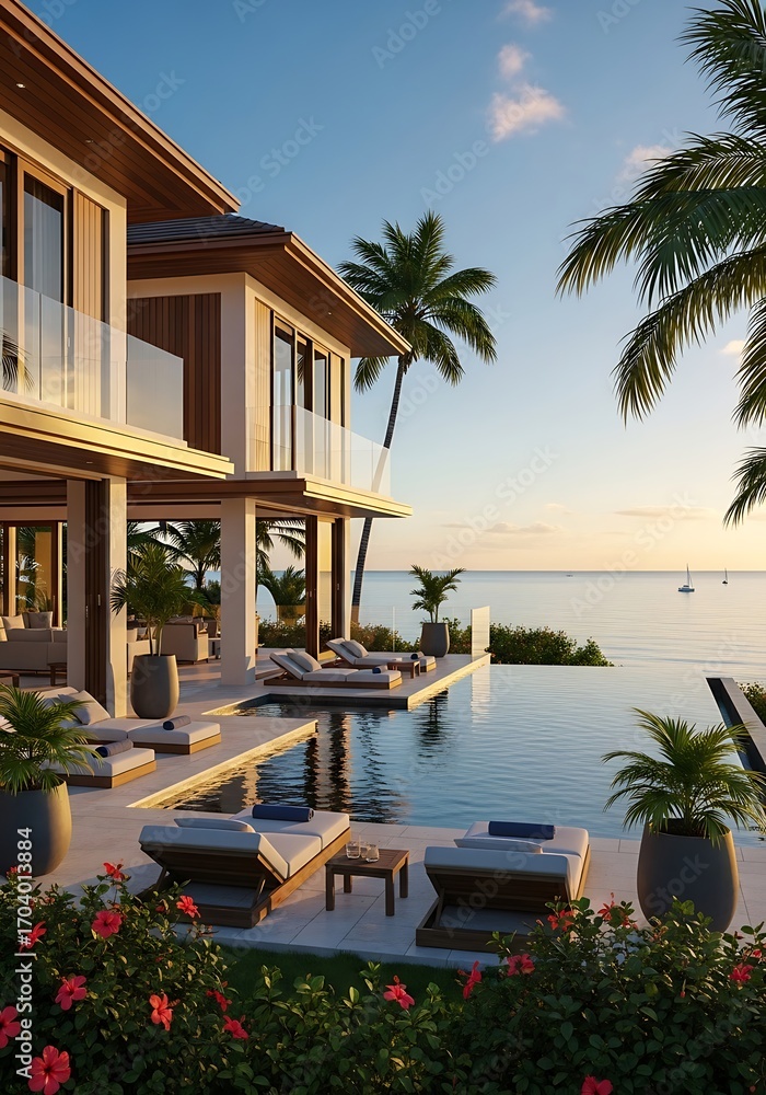 Fototapeta premium Coastal villa retreat featuring an infinity pool and tropical landscaping