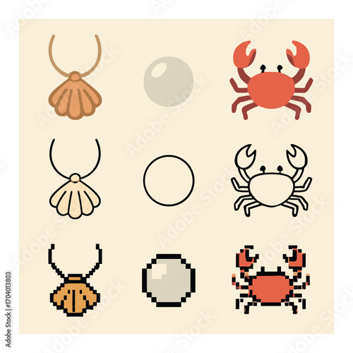 Pixel art marine icons: shell, pearl, crab in color and monochrome styles