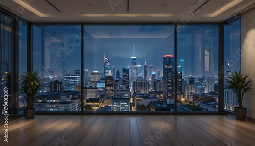 Spacious modern apartment interior with expansive floor to ceiling windows overlooking a glittering city skyline at night