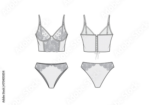 Women Lingerie Laces Bustier Balcony Bra And Panty Set, Front & Back View, fashion flat sketch, Front & Back View, Editable Flat Technical Drawings Illustration, Intimate Mock up