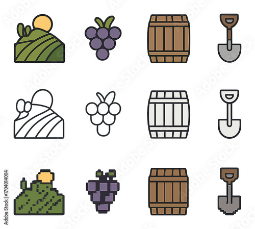 Vineyard and winemaking icons: grapes, barrel, vineyard, shovel