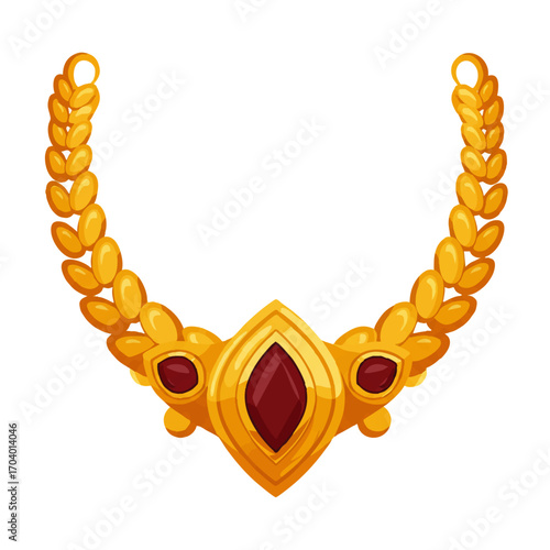 Ornate golden laurel wreath necklace with a central red gemstone and a shiny leaf-like chain.