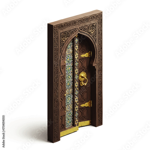 Ornate dark wooden door with intricate carvings, colorful mosaic tiles, and brass knocker, slightly ajar.