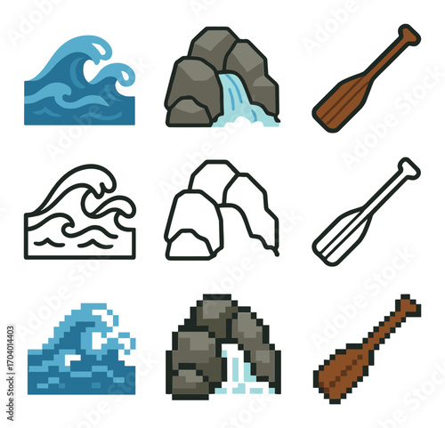 Pixel art icons: waves, waterfalls, and paddles on gradient background