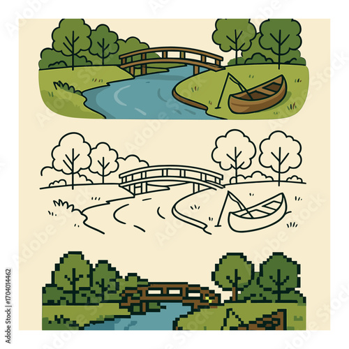 Evolution of river scenes: graphic to digital pixel art transformation