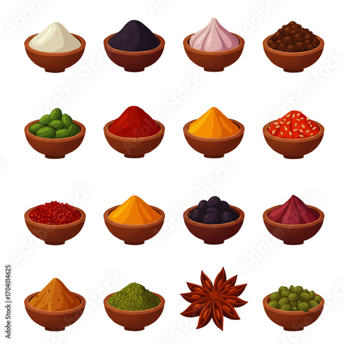 Assorted Spices in Wooden Bowls, Colorful and Aromatic