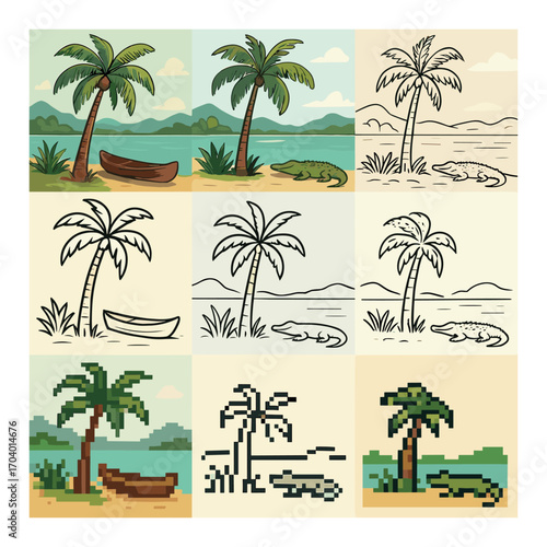 Tropical island scenery with canoe and crocodile in various art styles