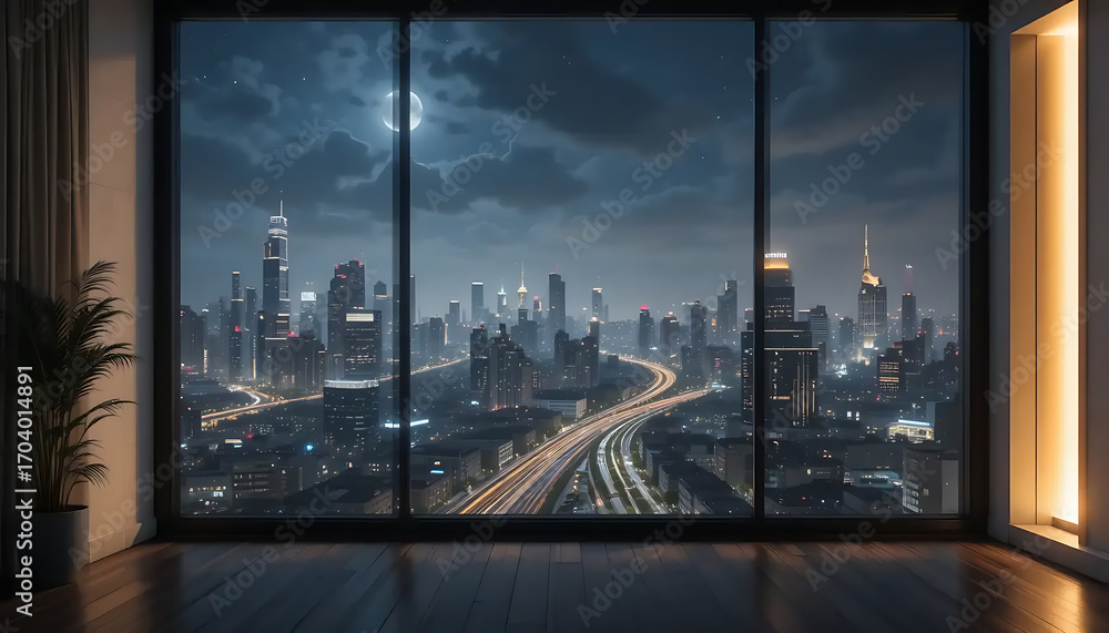 Fototapeta premium Panoramic view of a sprawling futuristic city skyline at night under a cloudy moonlit sky