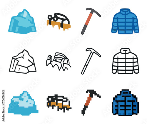 Mountain adventure icons: ice picks, jackets, rocks, and glaciers