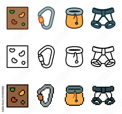 Climbing equipment icons: carabiners, chalk bags, harnesses, multicolor outline and pixel style