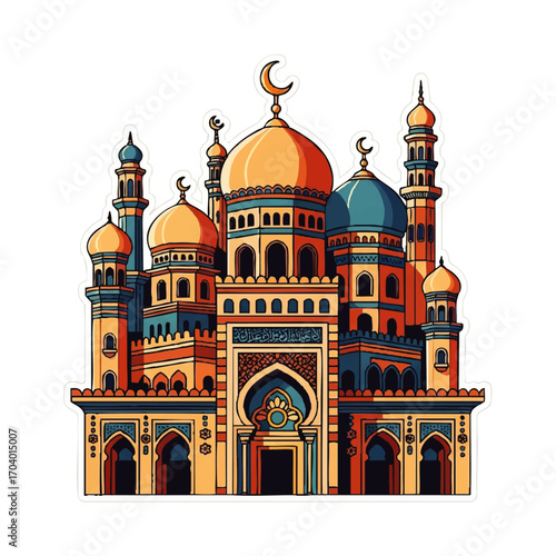 Wallpaper Mural Ornate Islamic mosque illustration with golden and blue domes, minarets, and crescent moons. Torontodigital.ca