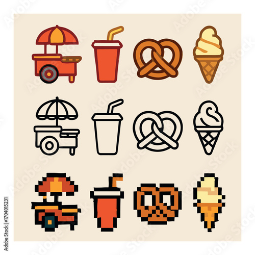 Food cart icons featuring pretzel, drink, and ice cream in various art styles