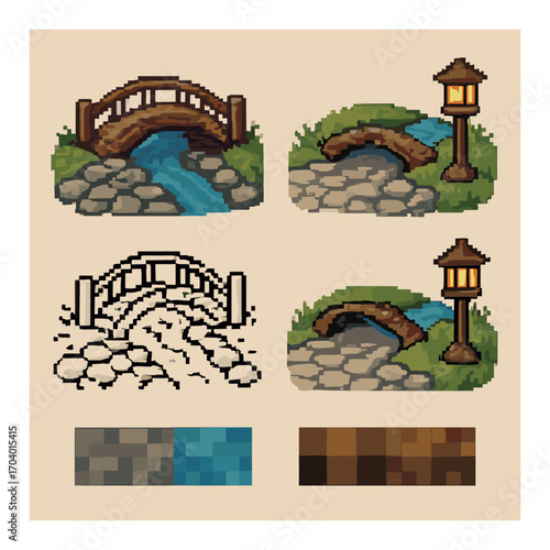 Pixel art bridges with color variations and stone pathways