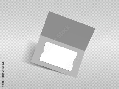 White plastic gift card in folded paper package. Minimal setup for showcasing loyalty, banking, membership or discount cards. Empty template for branding. Elegant mockup of certificate in holder.