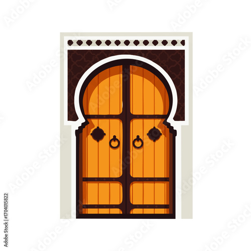 Ornate Moroccan arched wooden door with traditional Moorish design and metal knockers.