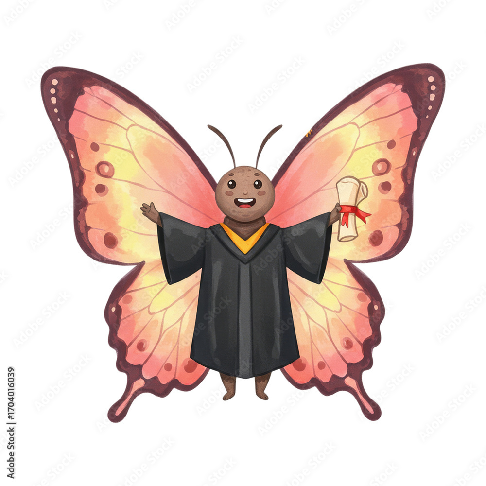 Obraz premium Cartoon Graduation Butterfly Character with Black Gown and Scroll on Transparent Background