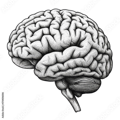 Detailed Pointillist Illustration of a Human Brain Anatomy on Transparent Background, Ideal for Medical, Scientific, or Educational Purposes