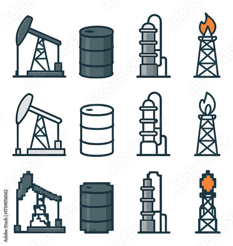 Industrial icons: oil pump, barrel, refinery, and gas flare illustrations