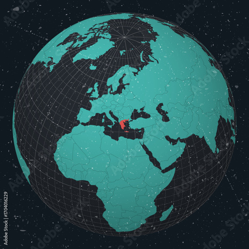 Hellenic Republic on Globe. Vintage look with grunge scratched texture. Country view on world map in Dark Charcoal Turquoise color palette. Greece shape on map. Globe with meridians and parallels.