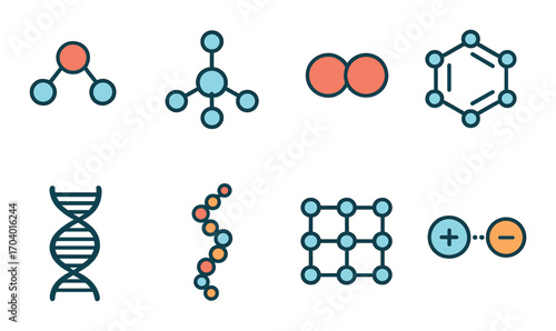 Colorful molecular icons representing various molecular structures and dna on dark background