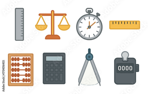 Collection of measuring tools with scales, stopwatch, and calculator icons