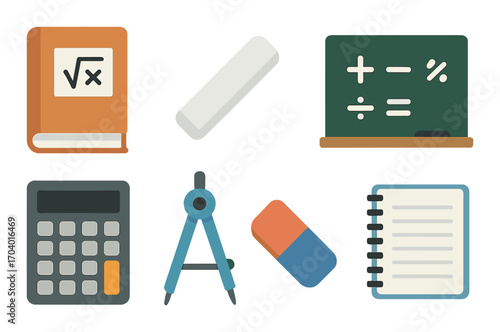 Colorful math tools with calculator, compass, book, and blackboard for learning