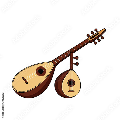 Cartoon pair of traditional pear-shaped stringed instruments, a large tan oud and a smaller brown lute.