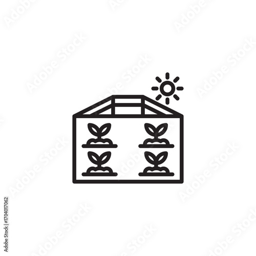 A line drawing shows a greenhouse with a pitched roof, containing four young plants in two rows. A stylized sun shines above the greenhouse.