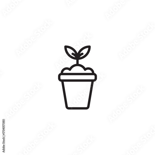 A minimalist black outline icon of a small plant with two leaves sprouting from soil in a flower pot, set against a white background.