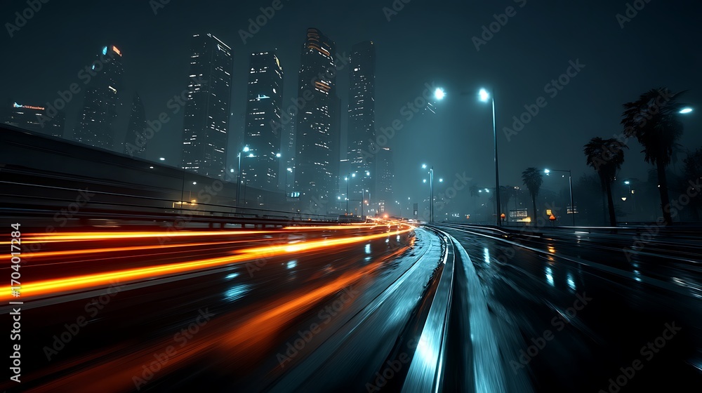 Fototapeta premium Night City Rush: A mesmerizing shot of a modern cityscape at night, illuminated by dynamic streaks of light from moving vehicles on the slick, wet road, capturing the vibrant pulse of urban life.